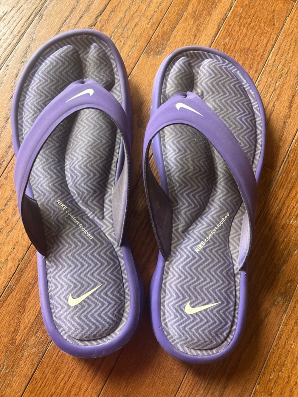 Nike Purple Chevron Comfort Flip Sandals with White Swoosh